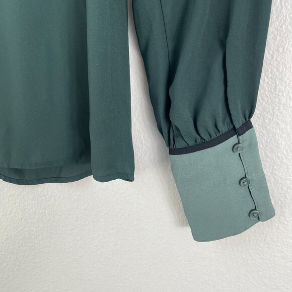 Express Womens Small V Neck Long Sleeve Blouse Green Shirt Preppy Academia - Picture 9 of 10